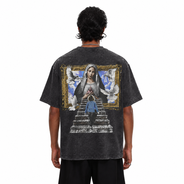LAWLESSROW Madonna Golden Frame Stairway Back Print Vintage Acid Wash Tee - hover