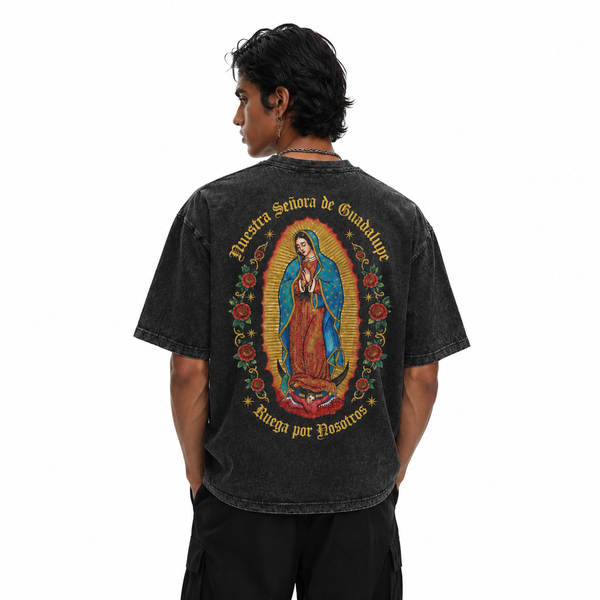 LAWLESSROW Nuestra Señora De Guadalupe Blessed Back Print Vintage Acid Wash Tee - hover