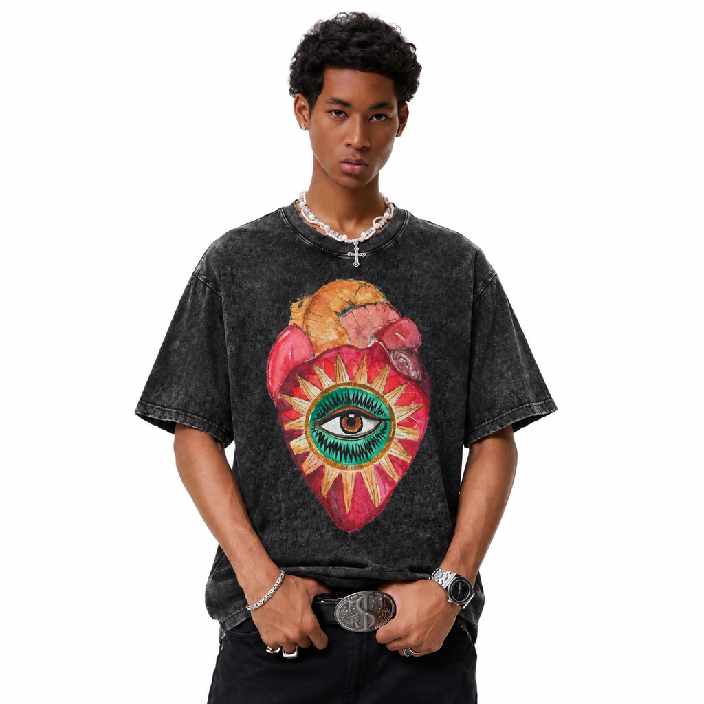 LAWLESSROW All Seeing Anatomical Heart Vintage Acid Wash Tee