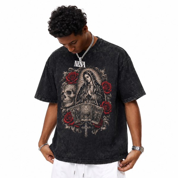 LAWLESSROW Virgin Mary Tarot Skull Rose Vintage Acid Wash Tee - hover