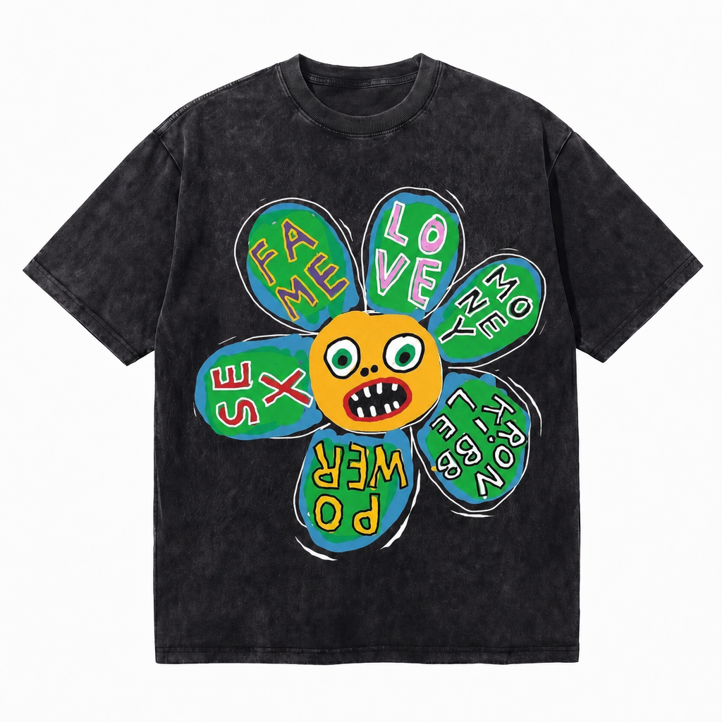 LAWLESSROW Graffiti Flower Face Vintage Acid Wash Tee
