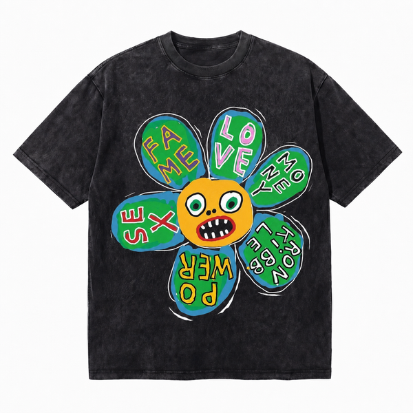 LAWLESSROW Graffiti Flower Face Vintage Acid Wash Tee