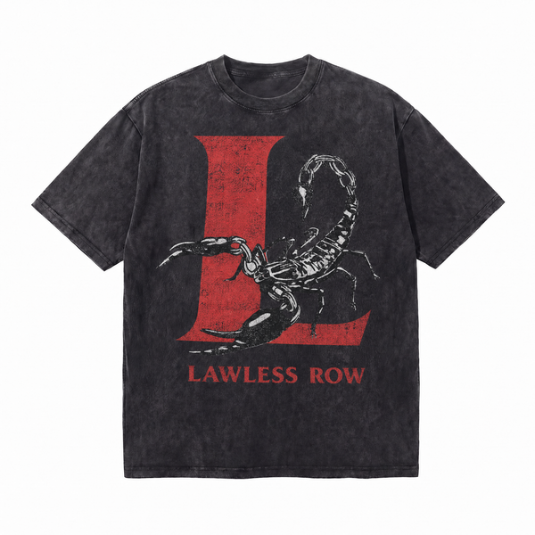 LAWLESSROW Large Red Letter L Scorpion Grunge Brand Logo Collage Vintage Tee