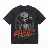 LAWLESSROW Believe In The Unseen Alien Gun Outer Space Planet Oval Grunge Collage Vintage Tee
