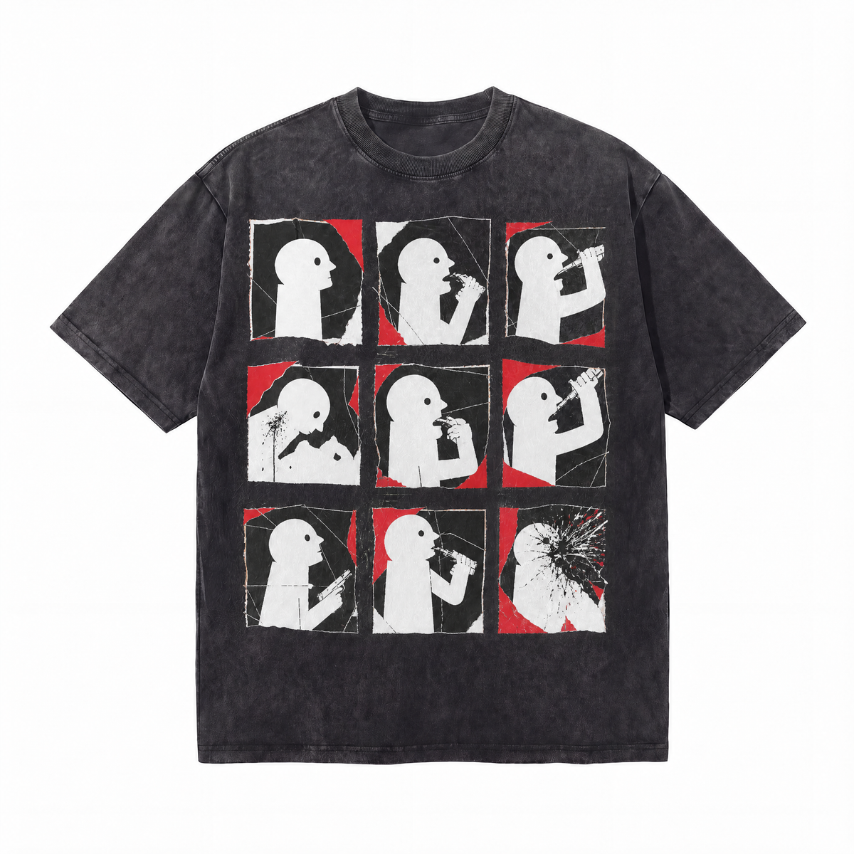 LAWLESSROW 9 Panel Sequential Comic Self Destruction Block Figure Red Black Collage Vintage Tee