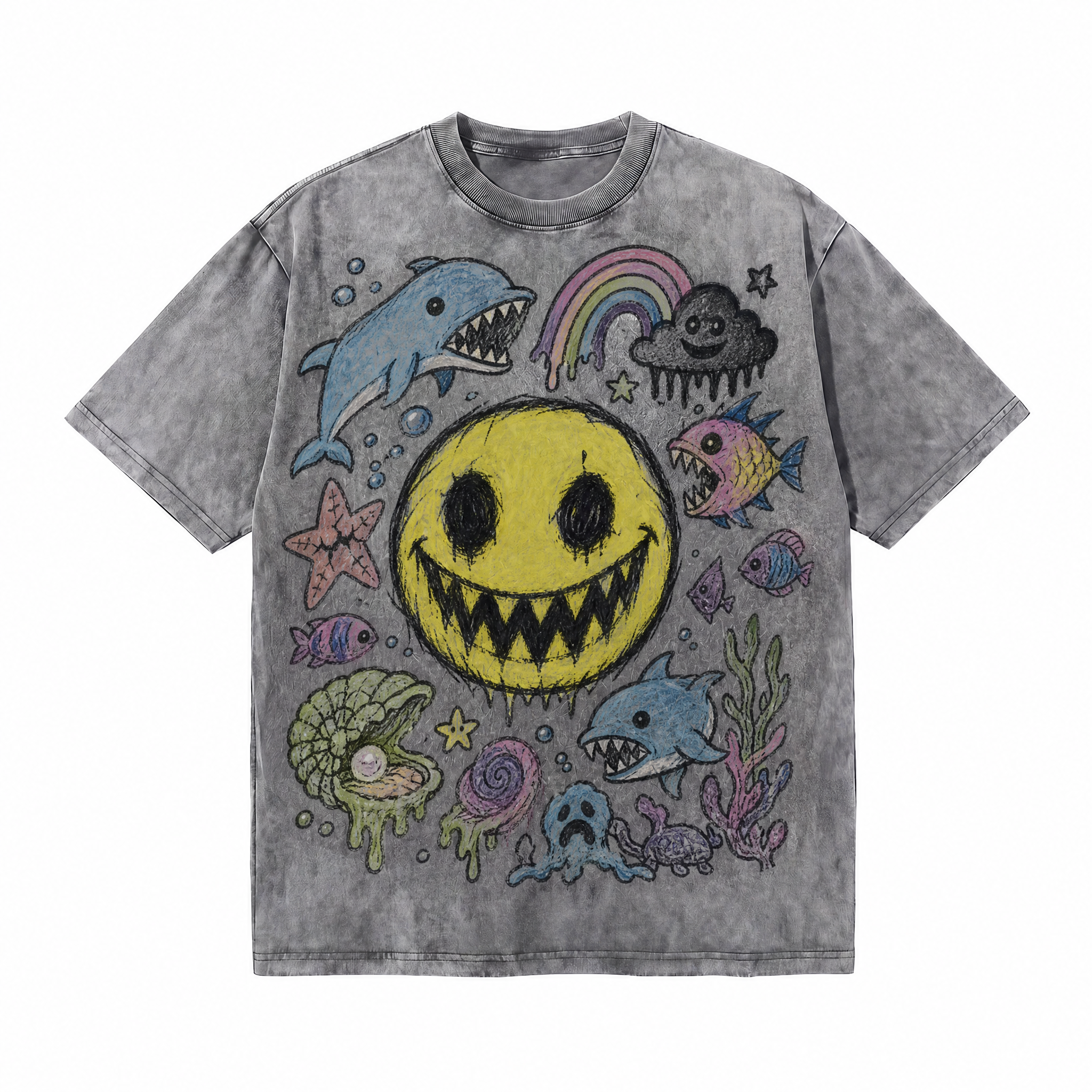 Lawless Row “Happy Neverland” Washed Grey Oversized Tee