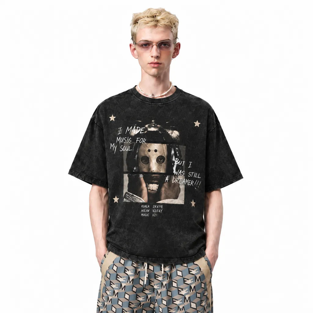 LAWLESSROW KANYE WEST Masked Alias Black Vintage Acid Wash Tee