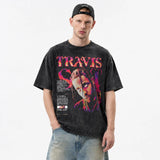 LAWLESSROW TRAVIS UTOPIA Portrait Black Vintage Acid Wash Tee