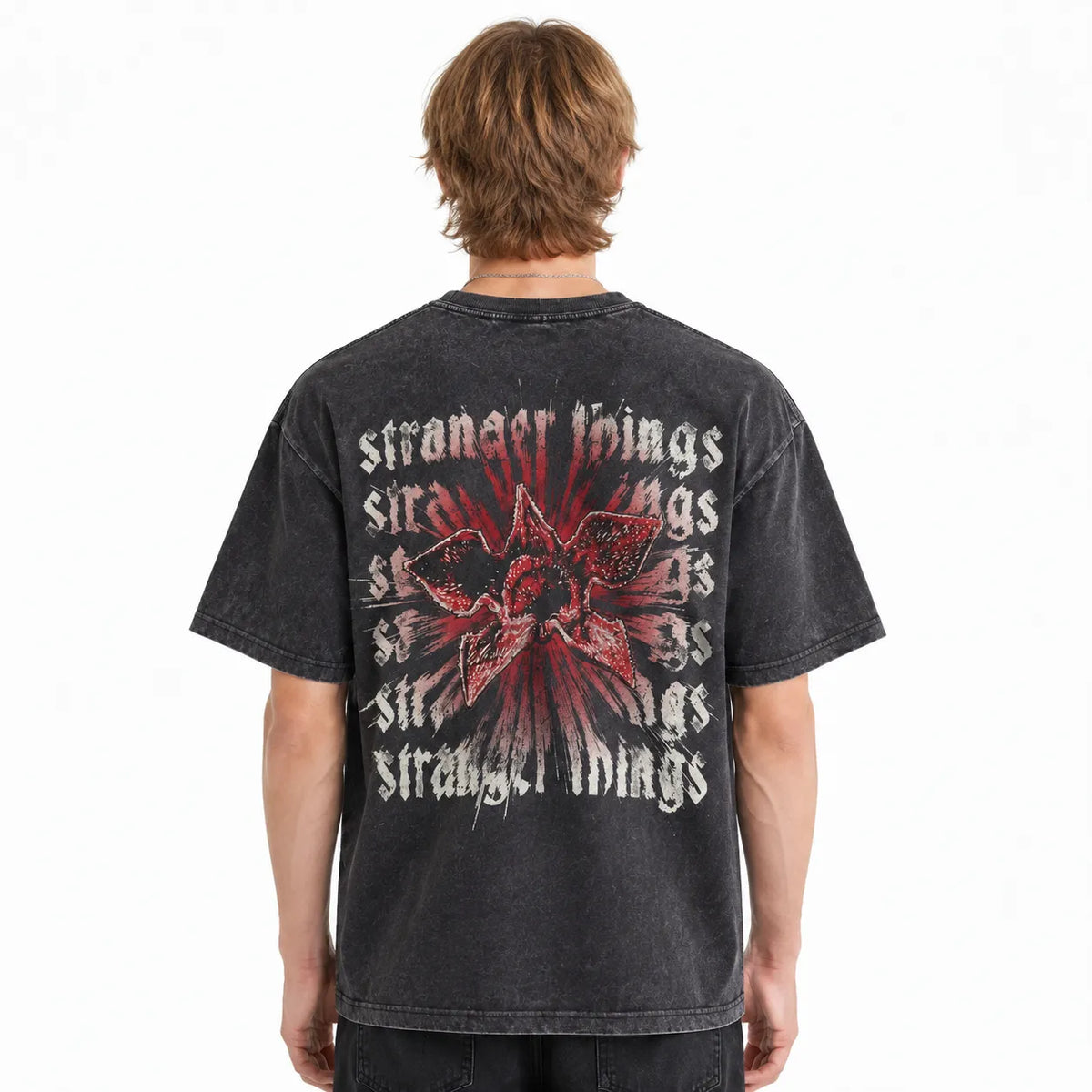 LAWLESSROW Stranger Things Demogorgon Gothic Text Vintage Acid Wash Tee
