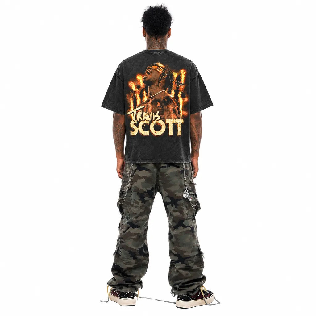 LAWLESSROW TRAVIS SCOTT Inferno Scream Black Vintage Acid Wash Tee