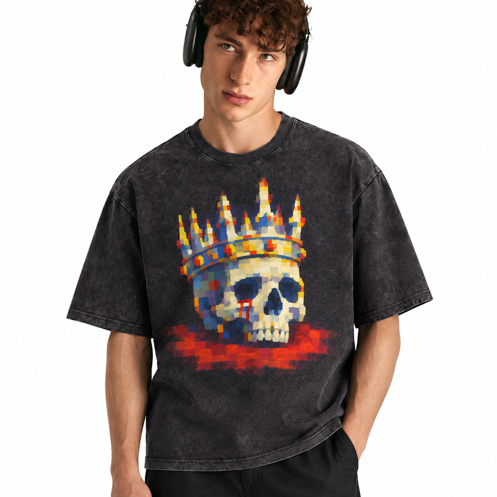 LAWLESSROW Pixel Crown Skull Vintage Acid Wash Tee