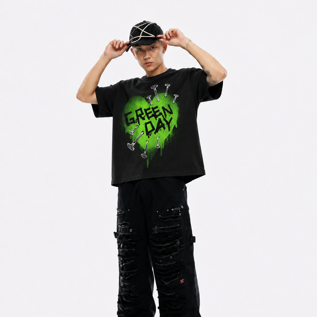 LAWLESS ROW GREEN DAY NAILED HEART VINTAGE BLACK HEAVY TEE