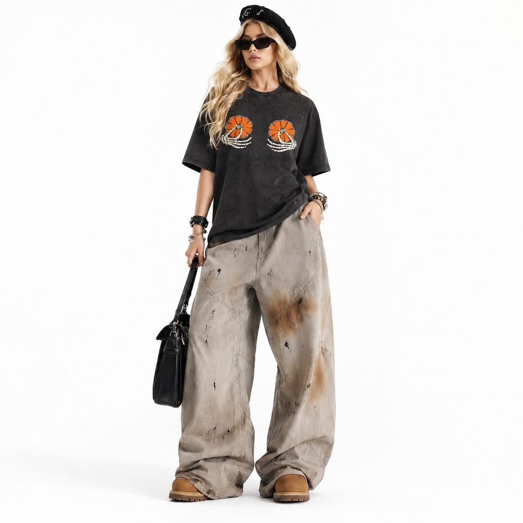LAWLESSROW Skeleton Hands Pumpkin Chest Print Vintage Acid Wash Tee