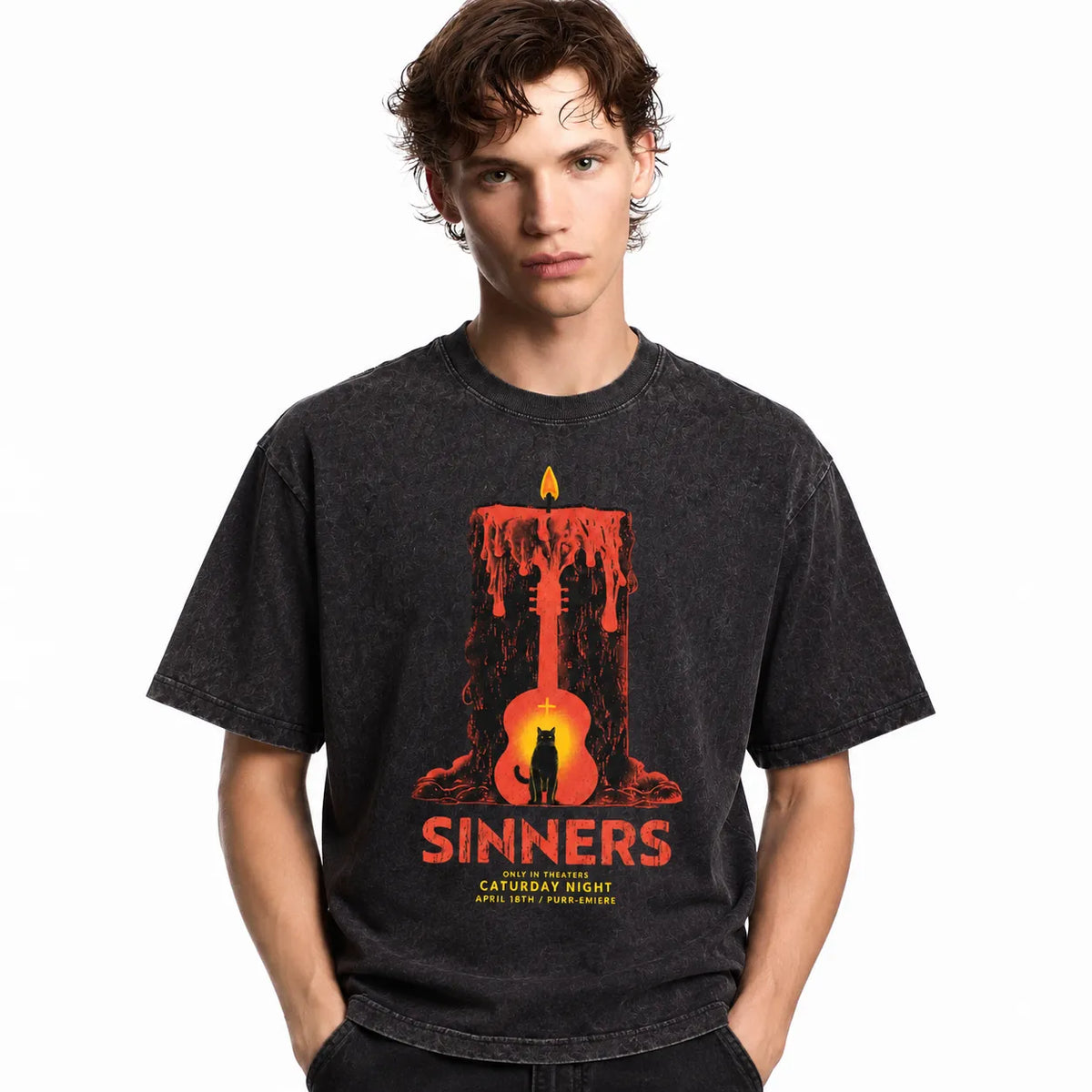 LAWLESSROW Sinners Caturday Night Candle Guitar Vintage Acid Wash Tee