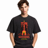 LAWLESSROW Sinners Caturday Night Candle Guitar Vintage Acid Wash Tee