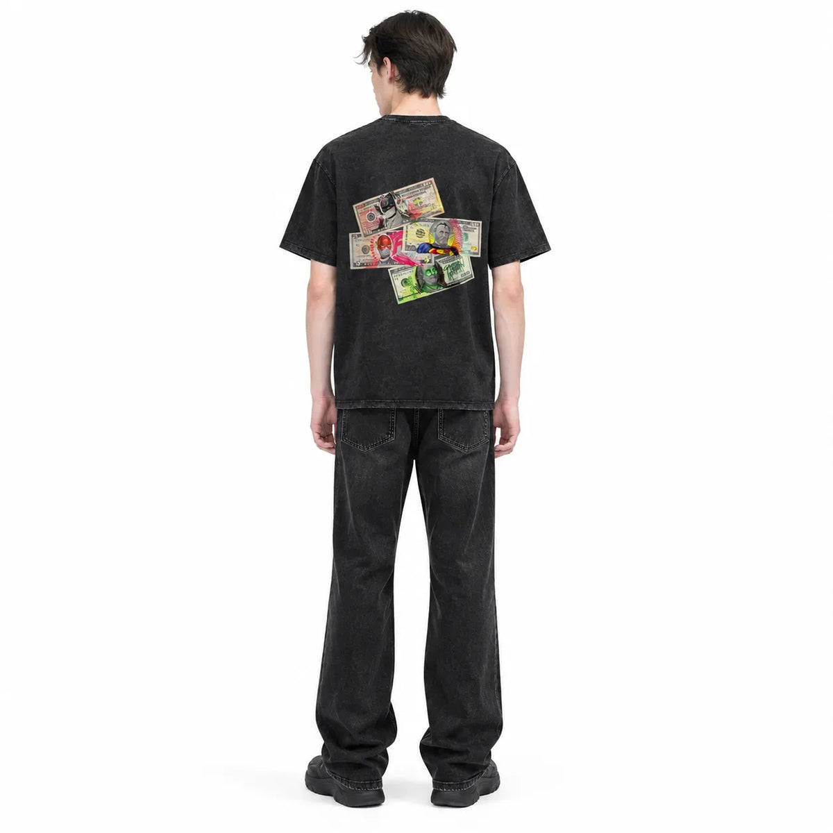 LAWLESSROW Superhero Dollar Bills Graffiti Vintage Acid Wash Tee
