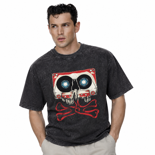 LAWLESSROW Cassette Skull Crossbones Vintage Acid Wash Tee - hover