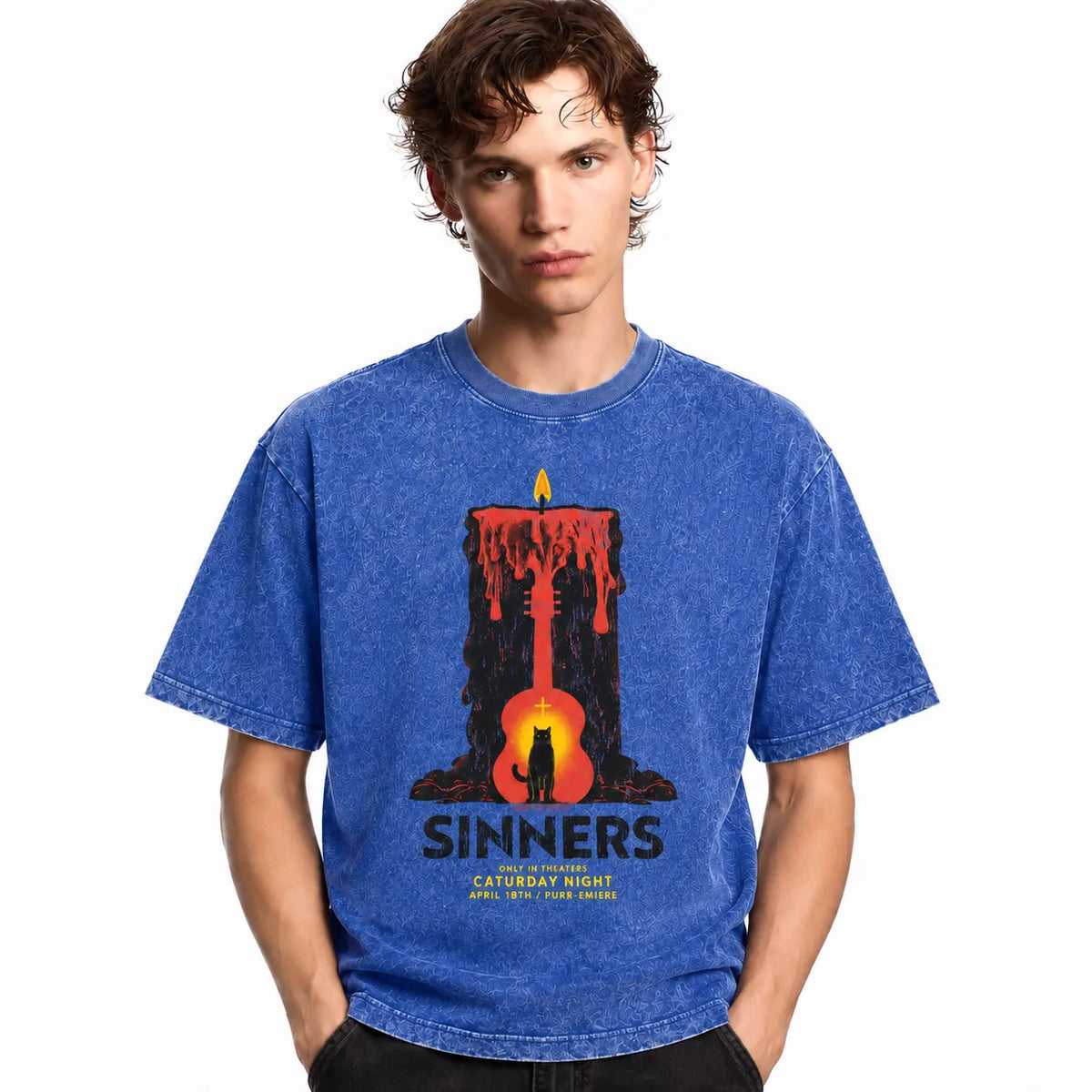 LAWLESSROW Sinners Caturday Night Candle Guitar Vintage Acid Wash Tee