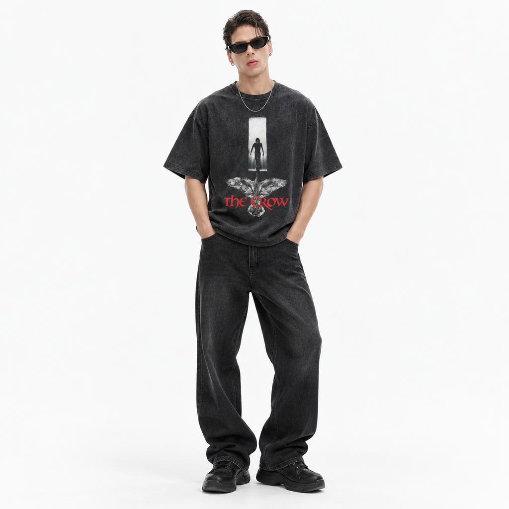 LAWLESSROW The Crow Figure Bird Graphic Vintage Acid Wash Tee