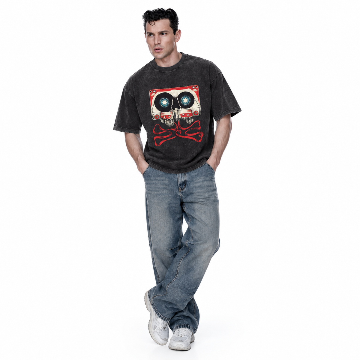 LAWLESSROW Cassette Skull Crossbones Vintage Acid Wash Tee