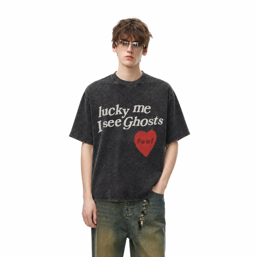 LAWLESSROW KANYE LUCKY ME I SEE GHOSTS Black Vintage Acid Wash Tee