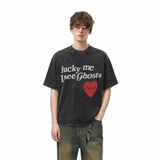 LAWLESSROW KANYE LUCKY ME I SEE GHOSTS Black Vintage Acid Wash Tee