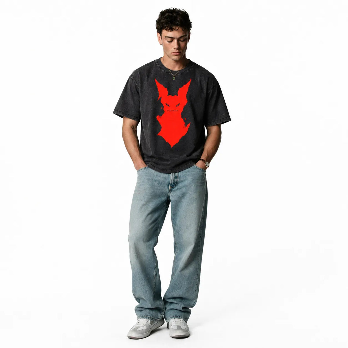 LAWLESSROW Red Demon Cat Silhouette "LAST BITES" Vintage Acid Wash Tee