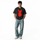 LAWLESSROW Red Demon Cat Silhouette "LAST BITES" Vintage Acid Wash Tee