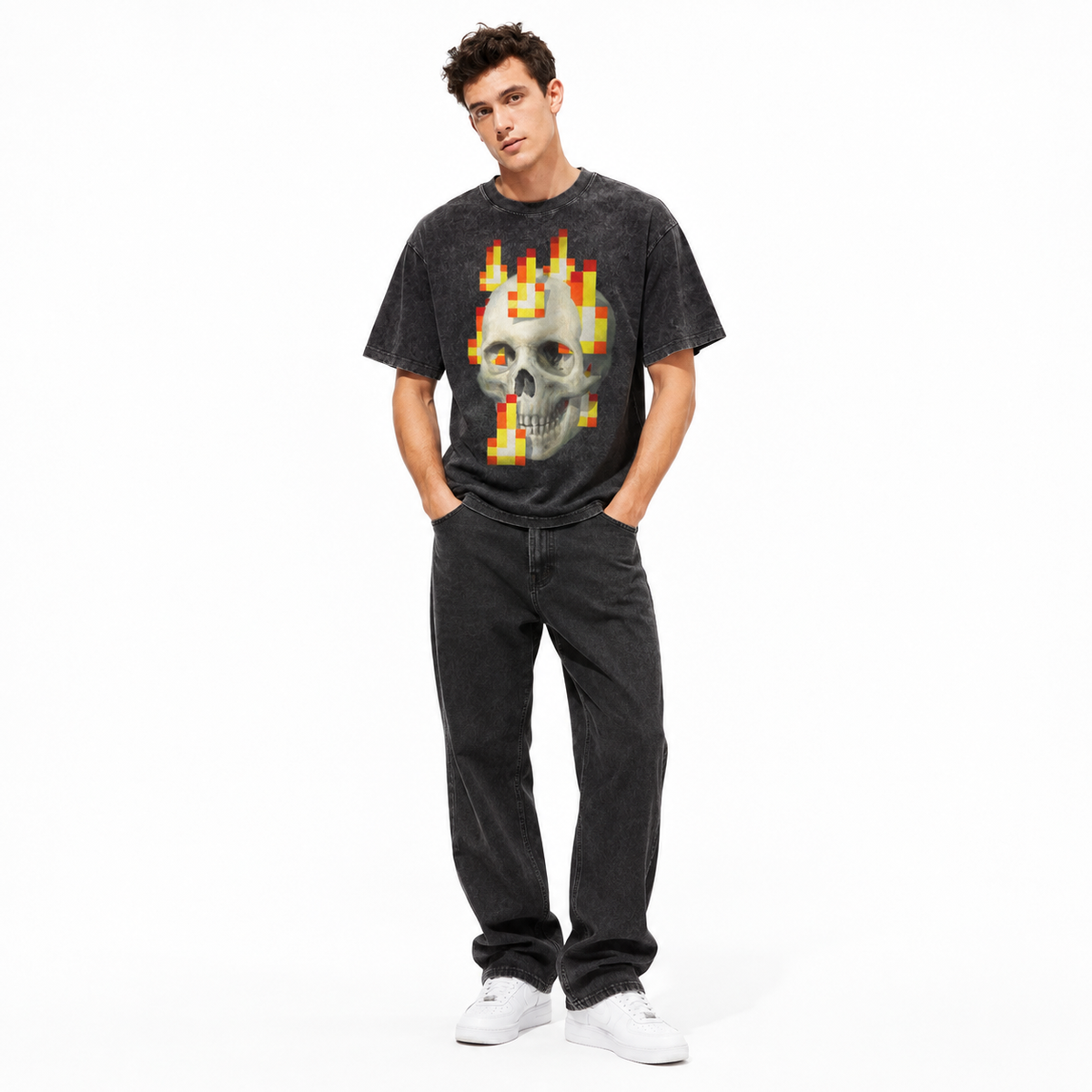 LAWLESSROW Pixel Flame Skull Vintage Acid Wash Tee