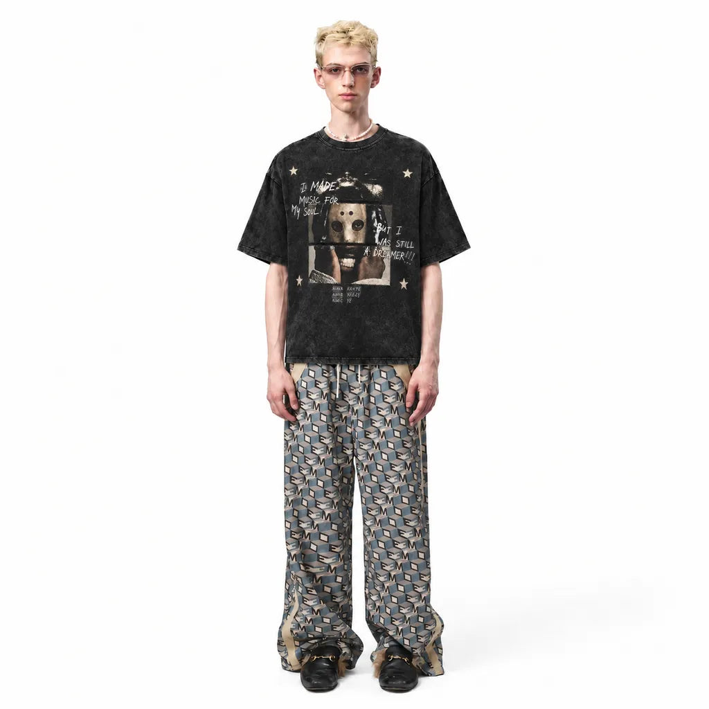 LAWLESSROW KANYE WEST Masked Alias Black Vintage Acid Wash Tee