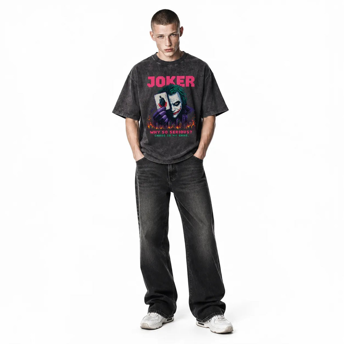 LAWLESSROW Pixel Joker Chaos Is My Game Vintage Acid Wash Tee