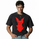 LAWLESSROW Red Demon Cat Silhouette "LAST BITES" Vintage Acid Wash Tee