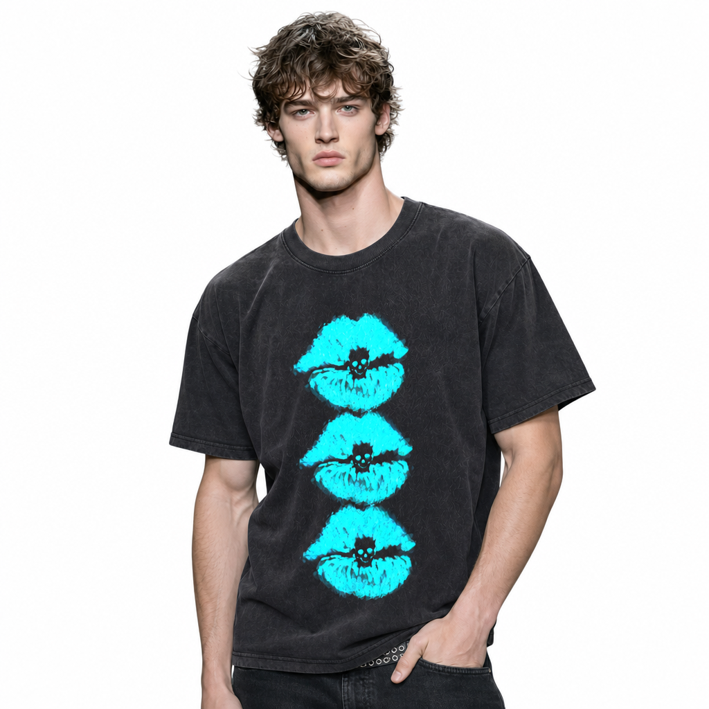 LAWLESSROW Stacked Cyan Lips Skull Vintage Acid Wash Tee