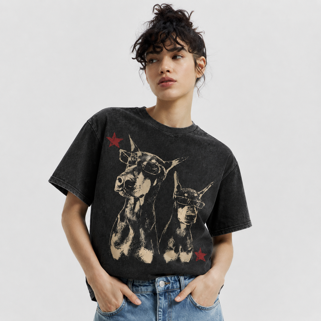 LAWLESSROW Cool Dobermans Star Vintage Acid Wash Tee