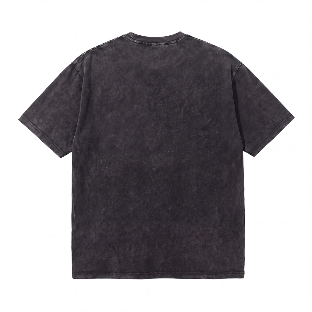 Black vintage wash short sleeve t-shirt back view, relaxed fit, plain design