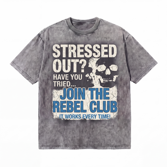 Lawless Row Join The Rebel Club Tee | Stressed Out Skull Washed Cotton Streetwear Hover Image