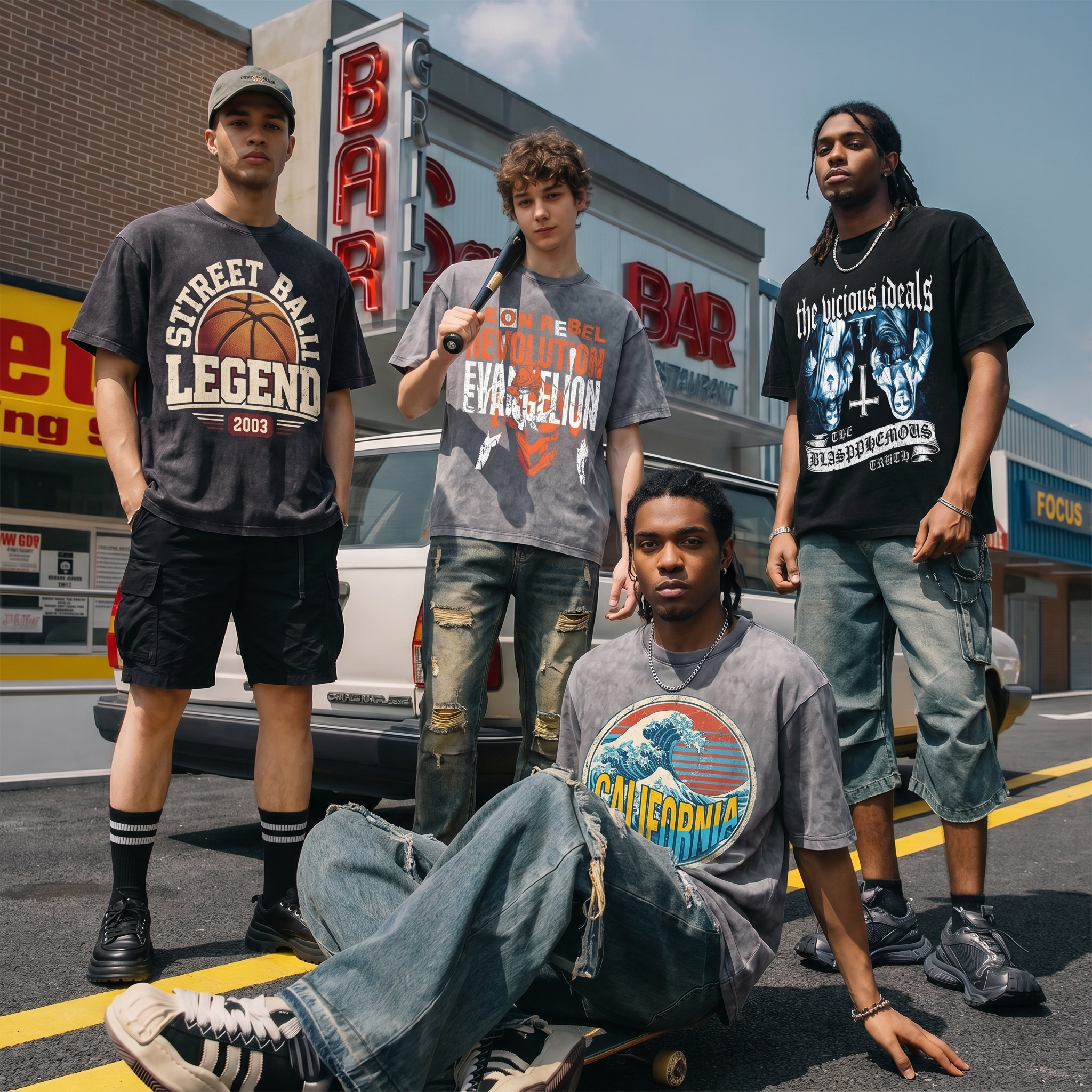 Group of stylish young men in graphic streetwear posing on city street, urban fashion