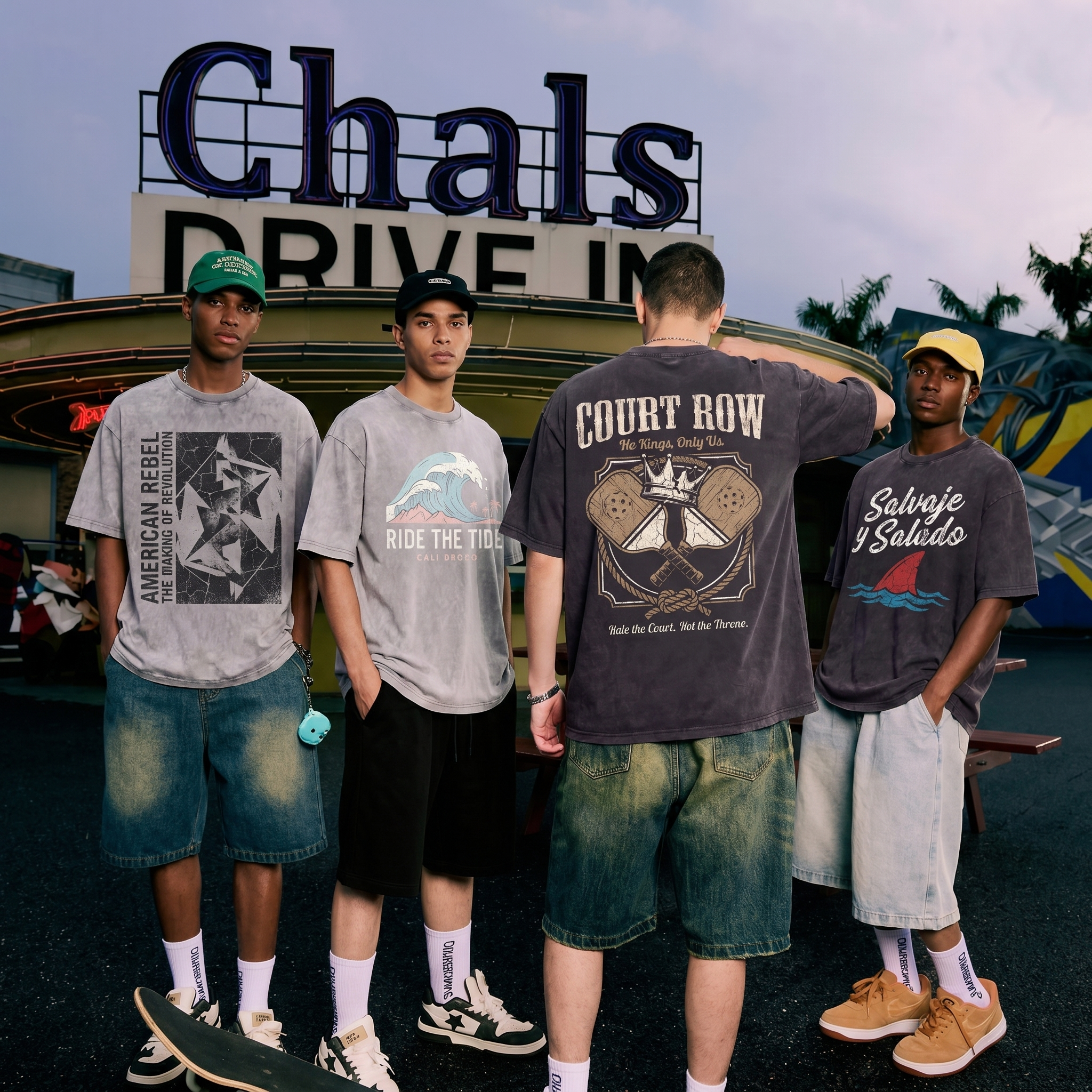 Group of young men in graphic streetwear t-shirts and denim shorts at retro drive-in