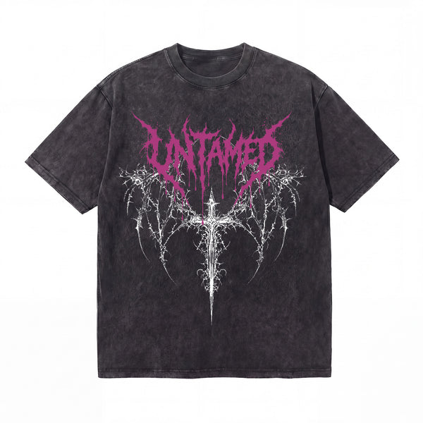 LAWLESSROW Untamed Cyber Sigilism Gothic Cross Vintage Acid Wash Tee