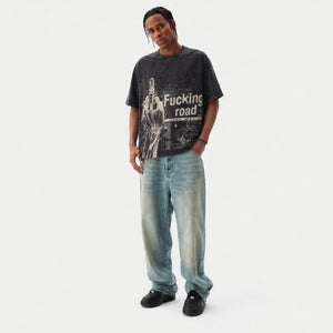 Lawless Row "Fucking Road" Middle Finger Washed Black Oversized Tee